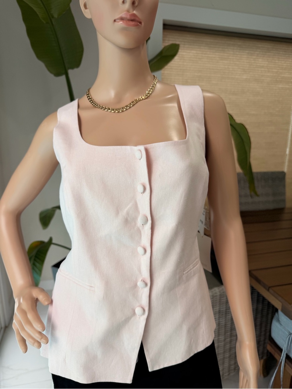 Parker Light Pink Button-Front Square Neck Sleeveless Top